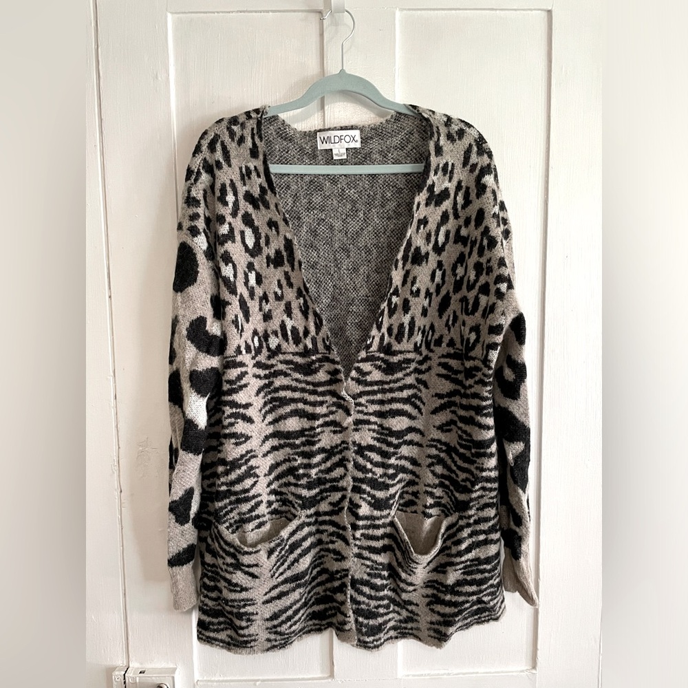 Wildfox Mixed Animal Print Cardigan Sweater, Gray, Size Large, EUC!